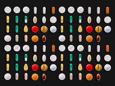 Medical Devices Featuring Pills in Various Colors and Different Shapes Arranged on Black Background 3d model