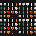 Medical Devices Featuring Pills in Various Colors and Different Shapes Arranged on Black Background
