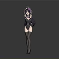 3D Female Character With Purple Long Hair Headpiece Dark Outfit High Heels On Gray Background