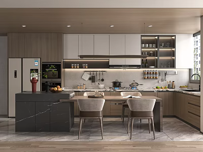 Contemporary Kitchen Space Featuring Wooden Cabinets Central Island And Dining Chairs 3d model