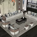 Modern Living Room Sofa and Coffee Table Set with Pillows Armchairs Footstools and Large Windows