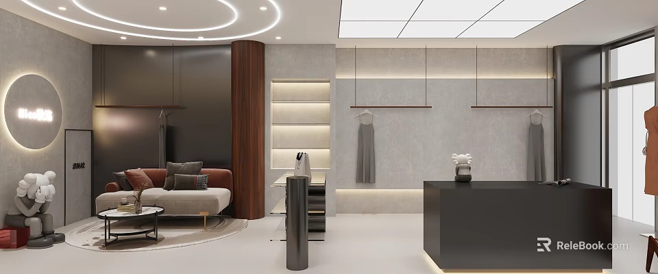 Elegant Modern Clothing Store Interior Design With Hangers Sofa Shelves And Display Counter 3d model 