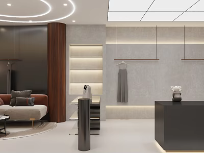 Elegant Modern Clothing Store Interior Design With Hangers Sofa Shelves And Display Counter 3d model