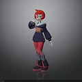 3D Woman Character With Red Short Hair Dark Blue Top Red Pants And Black Boots