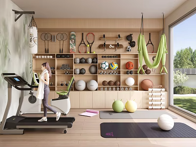 Diverse Sports Equipment In Modern Indoor Fitness Space With Treadmill Tennis Rackets And Yoga Balls 3d model