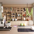 Diverse Sports Equipment In Modern Indoor Fitness Space With Treadmill Tennis Rackets And Yoga Balls