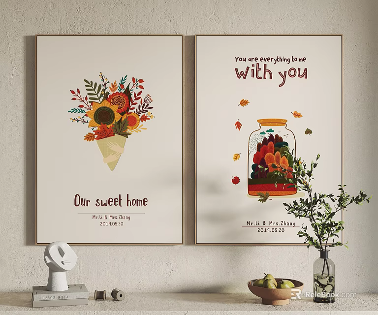 Decorative Wall Art With Floral Bouquet Glass Jar Fruits And Sweet Home Quotes 3d model 