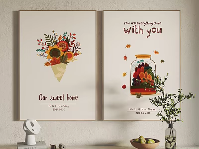 Decorative Wall Art With Floral Bouquet Glass Jar Fruits And Sweet Home Quotes 3d model