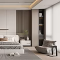 Modern Minimalist Bedroom With Headboard Paneling Bedside Tables Lamps Rug Accent Chair And Gray Curtains