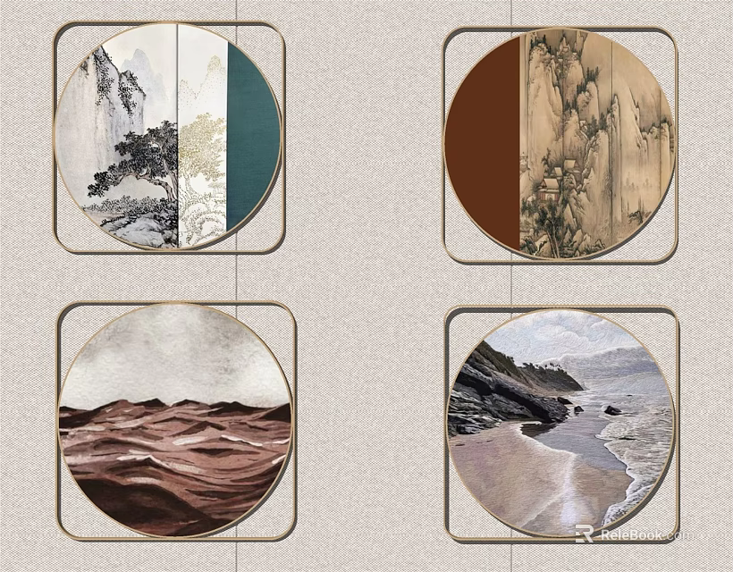Stylish Wall Decor with Circular Natural Landscape Artworks in Square Frames 3d model