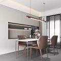 Modern Restaurant Interior Design With White Dining Table Brown Leather Chairs And Linear Pendant Light 3d model