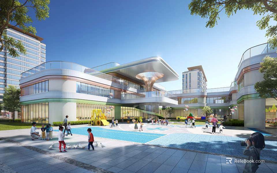 Modern School Building with Glass Facade and Connecting Corridors Outdoor Playground for Children Activities 3d model 
