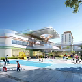 Modern School Building with Glass Facade and Connecting Corridors Outdoor Playground for Children Activities