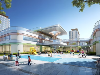 Modern School Building with Glass Facade and Connecting Corridors Outdoor Playground for Children Activities 3d model
