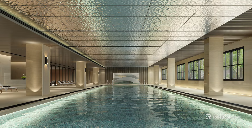 Indoor Swimming Pool With Metallic Wavy Ceiling Columns And Lounge Chairs 3d model 