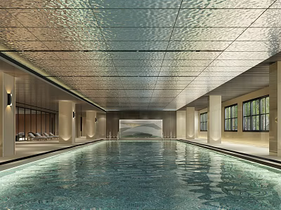Indoor Swimming Pool With Metallic Wavy Ceiling Columns And Lounge Chairs 3d model