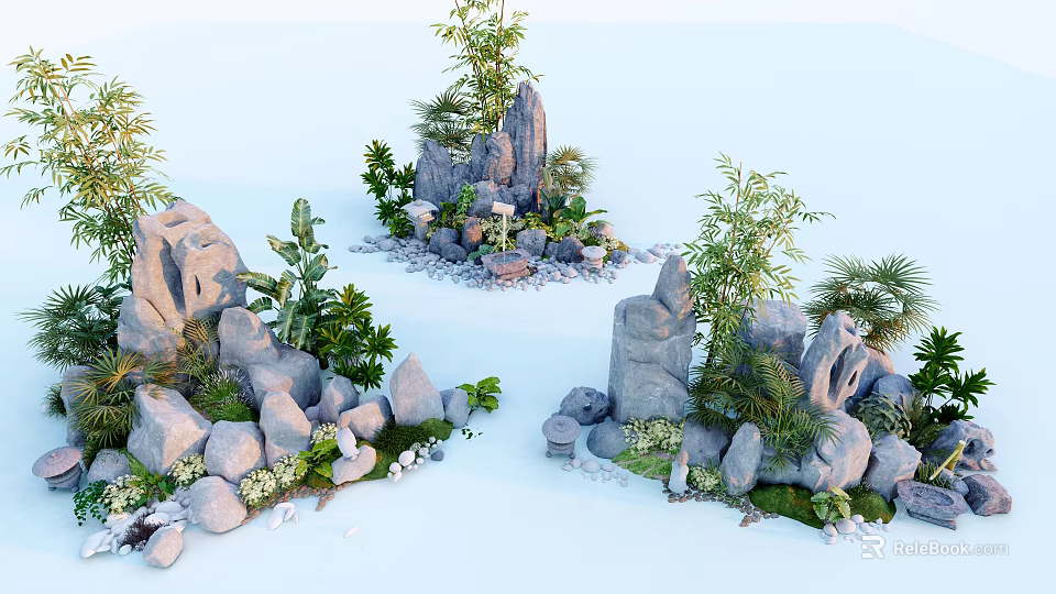 Natural Courtyard Garden Design With Rock Formations Bamboo And Green Plants 3d model 