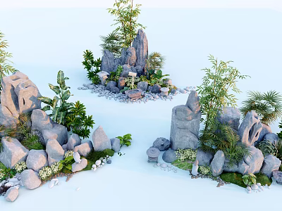 Natural Courtyard Garden Design With Rock Formations Bamboo And Green Plants 3d model