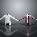 Stylish Men's Suits In White And Brown With Ties And Reflections On Gray Background