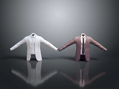 Stylish Men's Suits In White And Brown With Ties And Reflections On Gray Background 3d model