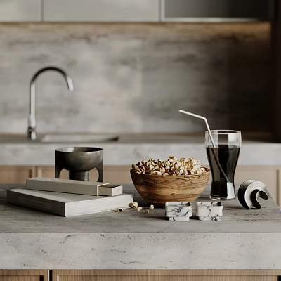 Kitchen Countertop Decorative Ornament Set with Popcorn Bowl Dark Beverage Marble Cubes and Metal Container 3d model
