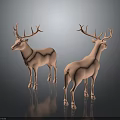 Two Pink Deer Sculptures Standing Gracefully On Dark Background With Reflection 3d model