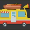 Vibrant Yellow Red Food Truck Featuring Top Hot Dog Megaphone And Striped Awning
