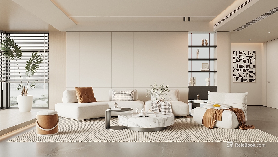 Modern Living Room Interior Design With White Sofa Marble Coffee Table And Decorative Bookshelf 3d model 