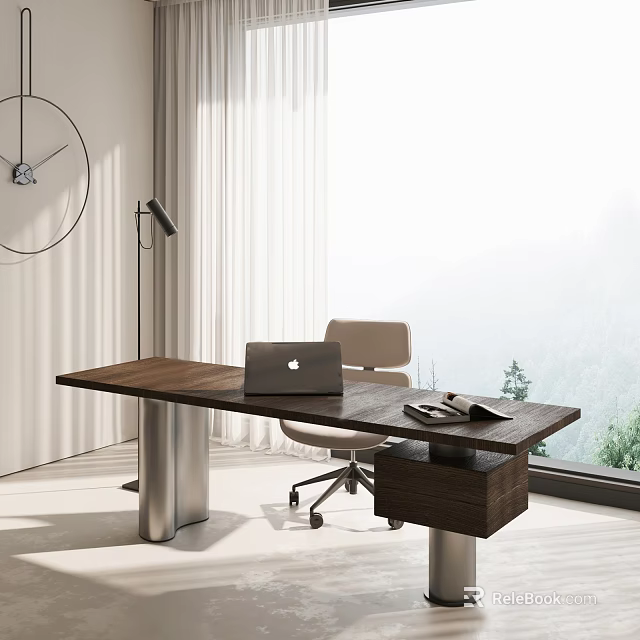 Modern Study Room Interior With Wooden Desk Laptop Office Chair And Large Window View 3d model 