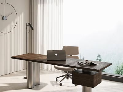 Modern Study Room Interior With Wooden Desk Laptop Office Chair And Large Window View 3d model