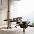 Modern Study Room Interior With Wooden Desk Laptop Office Chair And Large Window View