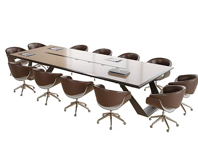 Modern Conference Table With Brown Chairs And Metal Legs For Office Space 3d model