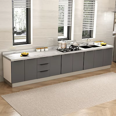 Modern Kitchen With Gray Cabinets White Countertop Cooking Pots And Fresh Lemons 3d model