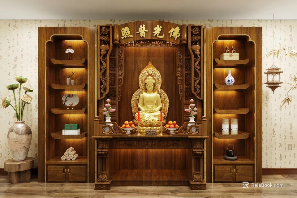 Traditional Chinese Wooden Buddhist Shrine Cabinet with Carved Details Golden Buddha Statue and Side Shelves 3d model 