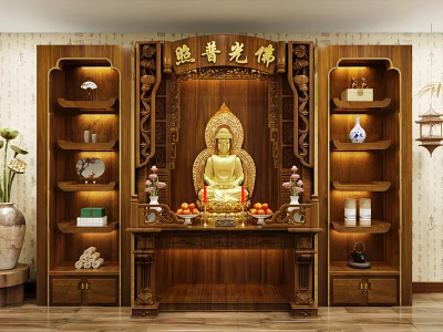 Traditional Chinese Wooden Buddhist Shrine Cabinet with Carved Details Golden Buddha Statue and Side Shelves 3d model