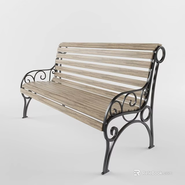Elegant Outdoor Bench with Wooden Slat Back Seat and Curved Metal Decorative Frame Accents 3d model 