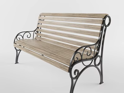 Elegant Outdoor Bench with Wooden Slat Back Seat and Curved Metal Decorative Frame Accents 3d model