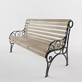Elegant Outdoor Bench with Wooden Slat Back Seat and Curved Metal Decorative Frame Accents