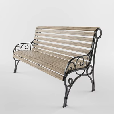 Elegant Outdoor Bench with Wooden Slat Back Seat and Curved Metal Decorative Frame Accents 3d model