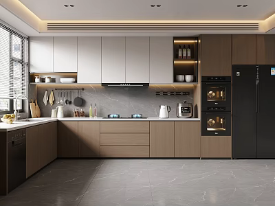 Modern Kitchen Interior With White Wooden Cabinets Island Coffee Maker Oven And Gray Floor Tiles 3d model