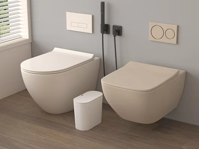 Modern Light Colored Wall Mounted Toilets With Trash Bin In Bathroom 3d model