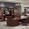 Elegant Chinese Mahogany Office Desk with Wooden Bookcase Chandelier and Landscape Painting