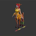 Game Movie Character With Pink Hair Antler Headdress Gold Red Ornate Outfit And Decorative Staff