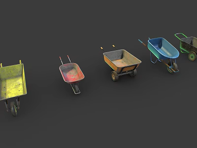 Multiple Wheelbarrows In Various Colors And Styles For Garden And Construction Projects 3d model