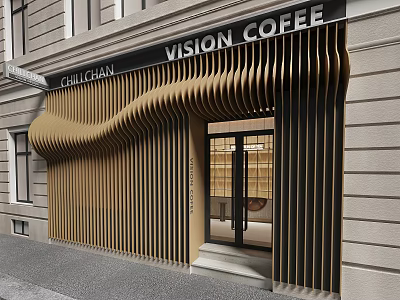 Vision Coffee Shop Facade With Modern Wave Pattern Wooden Slats And Glass Door 3d model