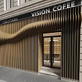 Vision Coffee Shop Facade With Modern Wave Pattern Wooden Slats And Glass Door