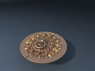 Ornate Golden Circular Door Handle With Intricate Floral Pattern Design 3d model