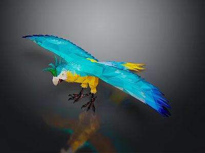Blue Yellow Parrot With Green Crest White Head And Black Claws Spread Wings Dark Background 3d model