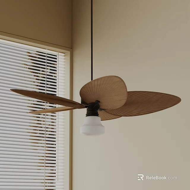 Natural Wooden Blade Pendant Light with White Bulb Near Beige Wall and Window Blinds 3d model 