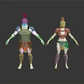Man in white green orange armor with red feather helmet on gray background design